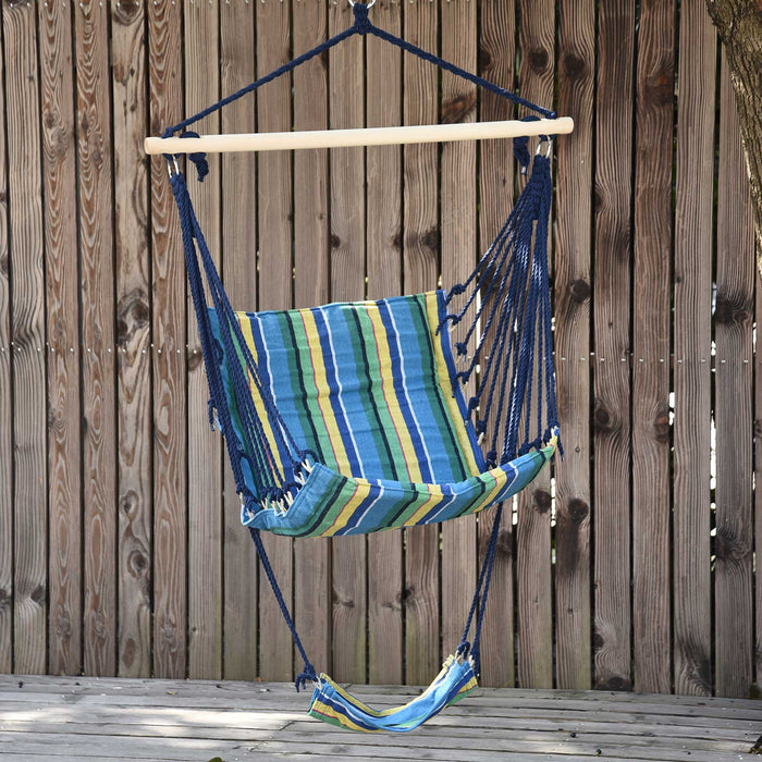 Outdoor Cotton Rope Hammock Chair - Blue Striped Patio Swing Seat with Wooden Footrest - Ideal for Garden, Yard, and Deck Relaxation