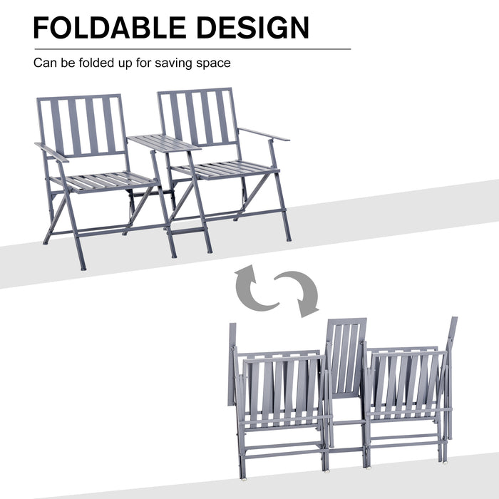 Steel Double-Seater Folding Loveseat Bench with Center Table - Slatted Companion Patio Chair for Garden and Balcony - Outdoor Twin Seating Solution in Grey