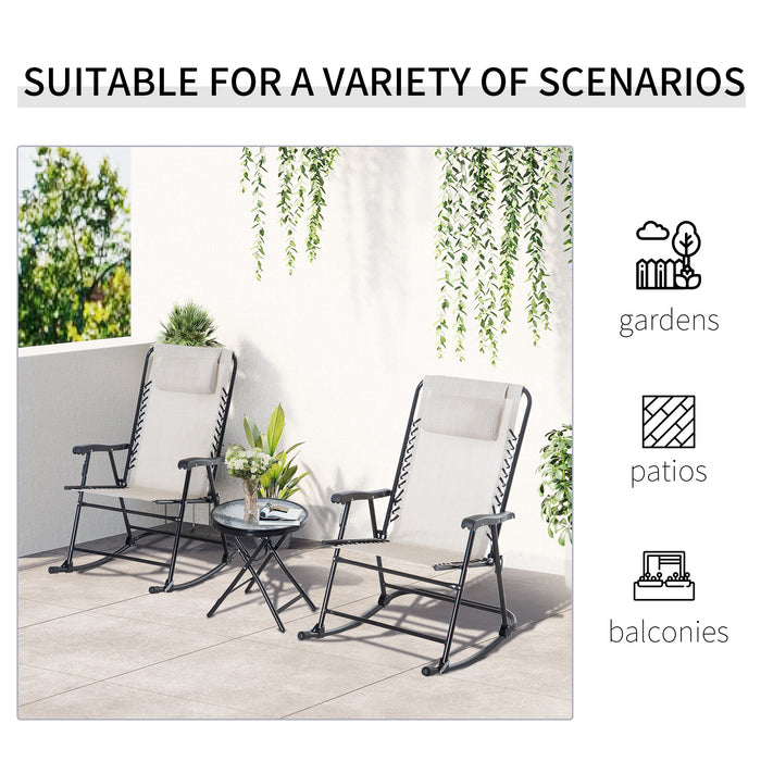 Outdoor 3-Piece Rocking Bistro Set - 2 Beige Folding Chairs & Tempered Glass Table for Patio Deck - Ideal for Garden Relaxation and Entertaining