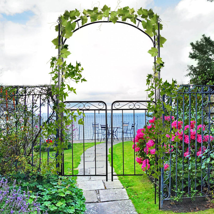 Outdoor Patio Trellis Arbor with Gate - Garden Decorative Metal Arch for Climbing Plants, Antique Black Finish - Ideal for Backyard Entryways and Flower Support, 108L x 45W x 215H cm