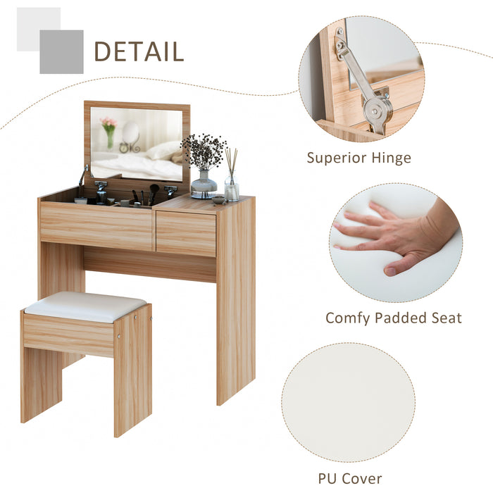 Cushioned Stool and Flip-up Mirror Dressing Table Set - Elegant Wood Grain Finish with Storage Drawer - Perfect for Bedroom Vanity and Makeup Organization