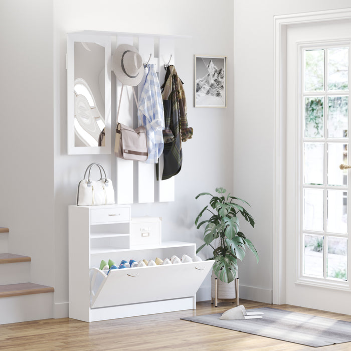 Entryway Organizer Combo in Classic White - Coat Rack with Storage Bench and Shoe Cubby - Ideal for Tidy Hallways and Foyers