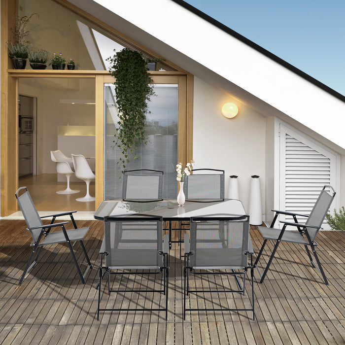 7-Piece Garden Furniture Set - Glass-Topped Dining Table with 6 Folding Chairs, Durable Outdoor Patio Ensemble - Ideal for Deck, Balcony & Entertaining Guests