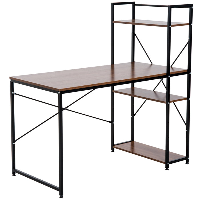 4-Tier Bookshelf Computer Desk - Sturdy Metal Frame with Wooden Top, Home Office Workstation in Walnut & Black - Ideal for Students & Remote Workers