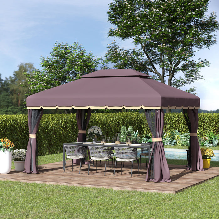 Aluminium Alloy 3x4m Gazebo - Outdoor Marquee Canopy Pavilion with Nets and Sidewalls, Coffee Color - Ideal Garden Party & Patio Shelter