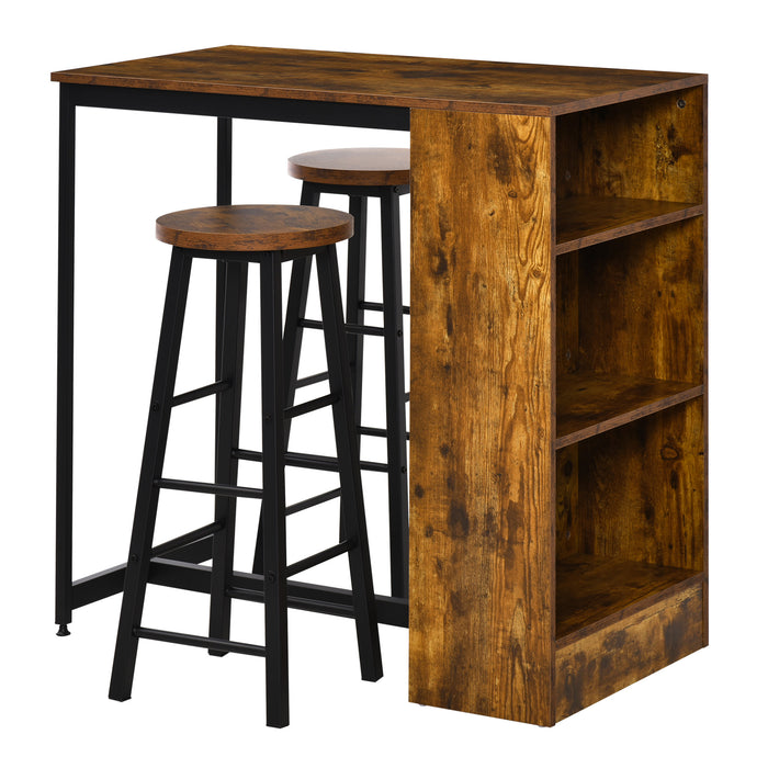 Industrial Style 3-Piece Bar Table Set - Pub Dining Ensemble with Height-Adjustable Table and 2 Stools, Storage Shelf - Ideal for Home Entertainment and Small Spaces, Rustic Brown Finish