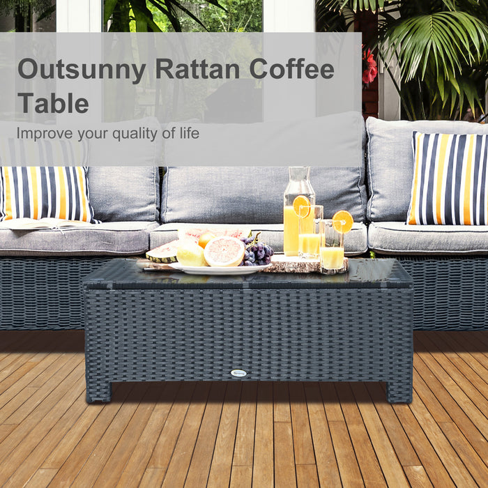 Rattan-Styled Patio Coffee Table - Iron-Framed with Tempered Glass Top, Black Finish - Ideal for Outdoor Entertaining and Relaxation