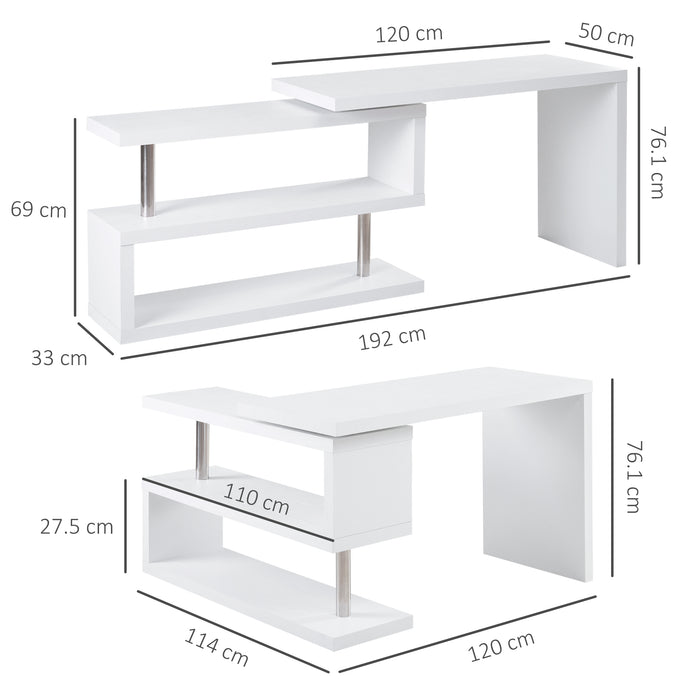 L-Shaped Swivel Corner Desk - 360° Rotating Home Office Workstation with Storage Shelf - Ideal for Writing & Computer Setup in White