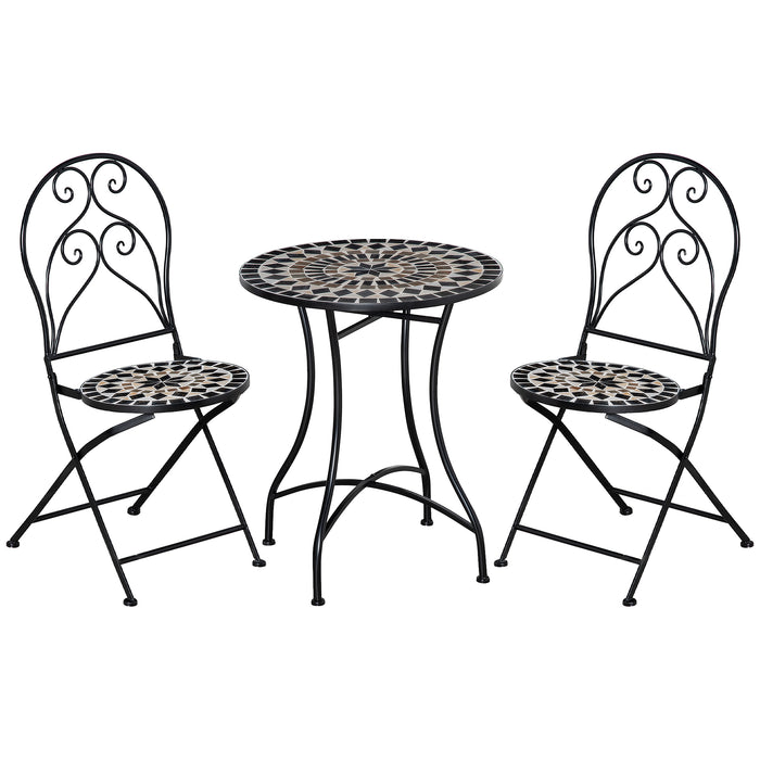 3 Piece Mosaic Bistro Set - Garden Outdoor Furniture with Tile Top Coffee Table & Folding Chairs - Perfect for Patio and Balcony Entertaining