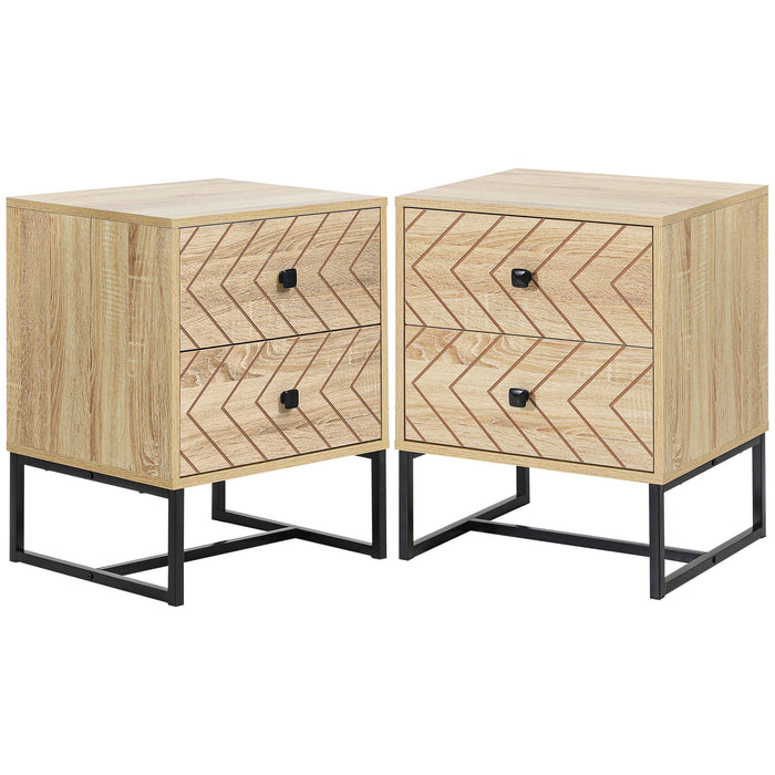 Zig Zag Two-Drawer Nightstand - Modern Bedside Table with Black Metal Handles, Bedroom Storage Solution - Perfect for Organizing Essentials, Set of 2 in Natural Finish