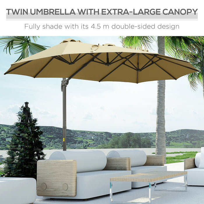 Large Double-Sided Patio Parasol 4.5m - Outdoor Rectangular Umbrella with Crank Handle and 360° Rotating Base, Khaki - Ideal Sunshade for Garden, Deck, and Bench Areas