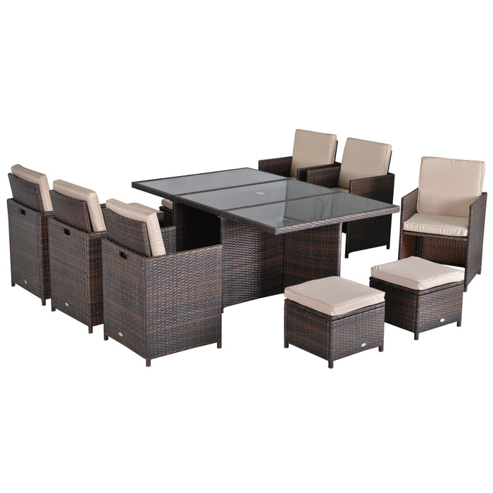 11pc Rattan Outdoor Garden Furniture Set - Patio Dining Cube Sofa with Wicker Weave, 6 Chairs, 4 Footrests, and 1 Table in Mixed Brown - Perfect for Entertaining 10 Guests Comfortably