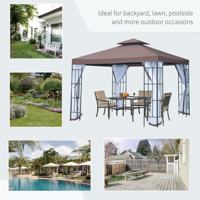 Patio Gazebo Canopy 3x3m - Garden Pavilion Tent with 2 Tier Roof, Mosquito Netting, Steel Frame - Ideal Outdoor Shelter for Relaxation, Coffee Color