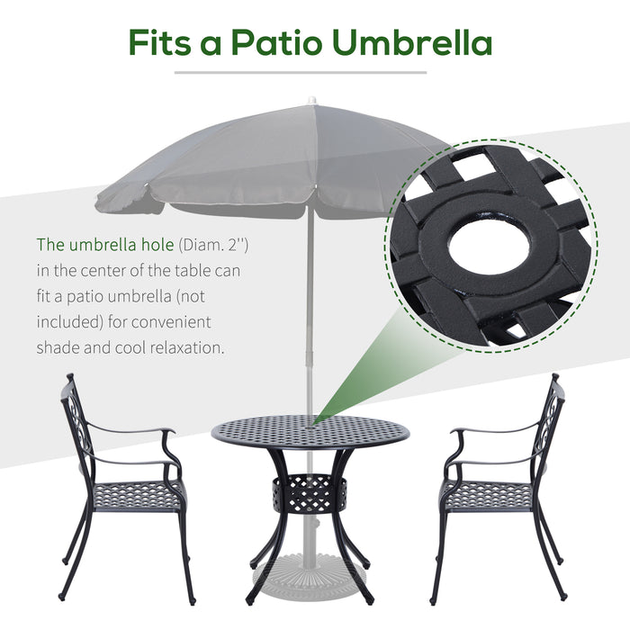 Aluminium Round Garden Table with Umbrella Hole - 85cm Grid Motif Outdoor Dining Furniture, Black - Perfect for Patio and Garden Entertainment