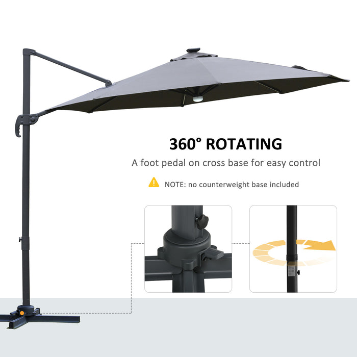 Cantilever Roma Umbrella with LED Solar Light - 3m Outdoor Patio Sun Shade, Cross Base, 360° Rotation, Grey - Ideal for Garden Illumination and Protection