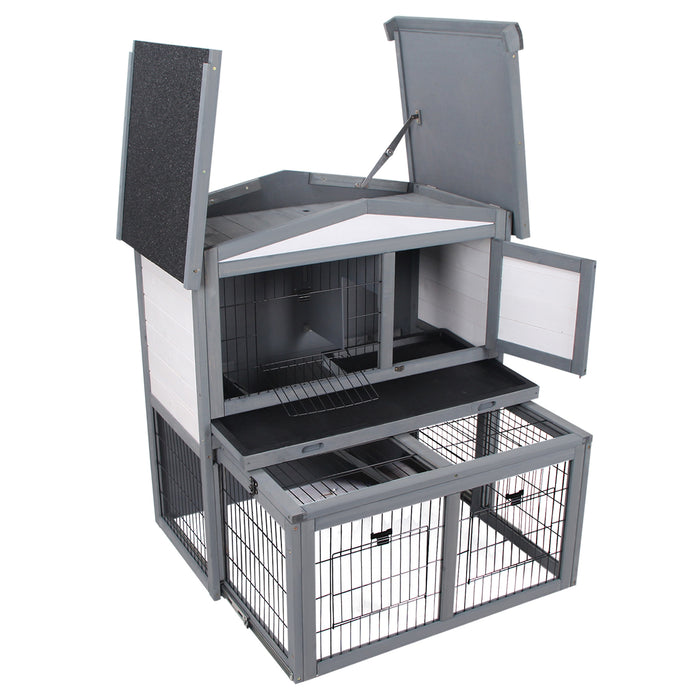 Wooden 2-Tier Rabbit Hutch with Ramp - Small Animal Cage with Slide-Out Tray and Openable Roof, Outdoor Run - Ideal for Rabbits and Small Pets, Grey, 101.5 x 90 x 100 cm