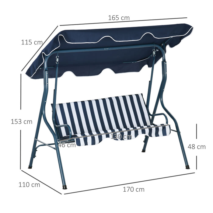 Outdoor 3-Seater Swing Bench with Adjustable Canopy - Blue Striped Garden Chair, Durable Metal Frame - Relaxation and Comfort for Patio or Yard