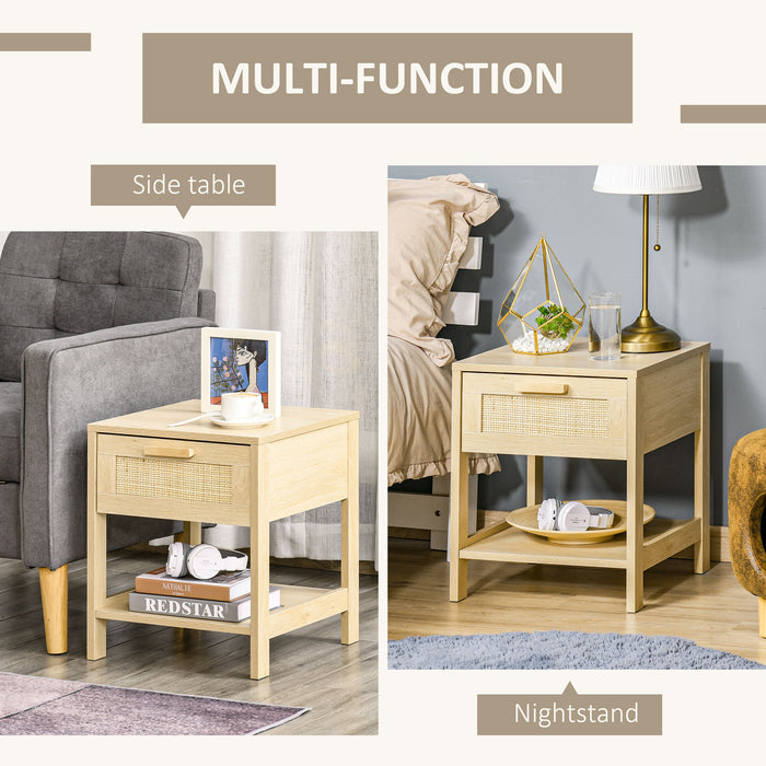 Rattan Drawer Nightstand Set - Bedroom & Living Room Bedside End Tables with Storage Shelf - Elegant Pair of Organizational Furniture Units