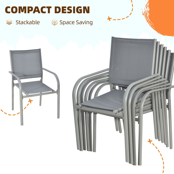 7 Piece Garden Dining Set - Steel-Framed Table with Tempered Glass & 6 Grey Mesh Stackable Chairs - Perfect for Patio & Outdoor Entertaining