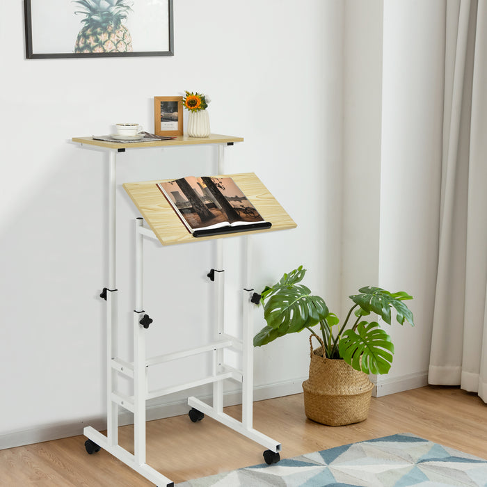 Adjustable 2-Tier Standing Desk - On Wheels, Rustic Brown Design - Ideal for Comfortable and Mobile Workspace Solutions