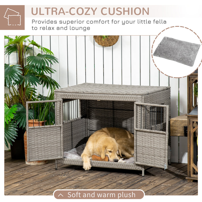 Double-Door Wicker Dog Crate - Includes Soft Washable Cushion, Spacious 85x61x70 cm Kennel - Ideal for Medium to Large Dogs, Comfort & Security