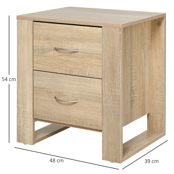 Modern 2-Drawer Oak Brown Bedside Table with Handles and Elevated Base - Contemporary Nightstand with Melamine Finish and Bedroom Storage Solutions - Ideal for Organizing Sleep Space Essentials