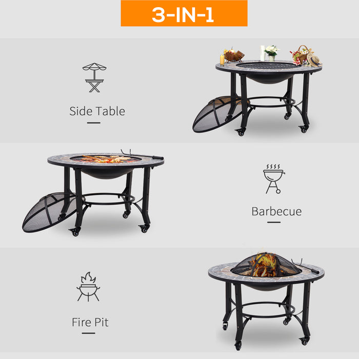 Outdoor 2-in-1 Fire Pit with BBQ Grill - Patio Heater with Wheel, Screen Cover & Fire Poker - Ideal for Backyard Bonfires and Grilling