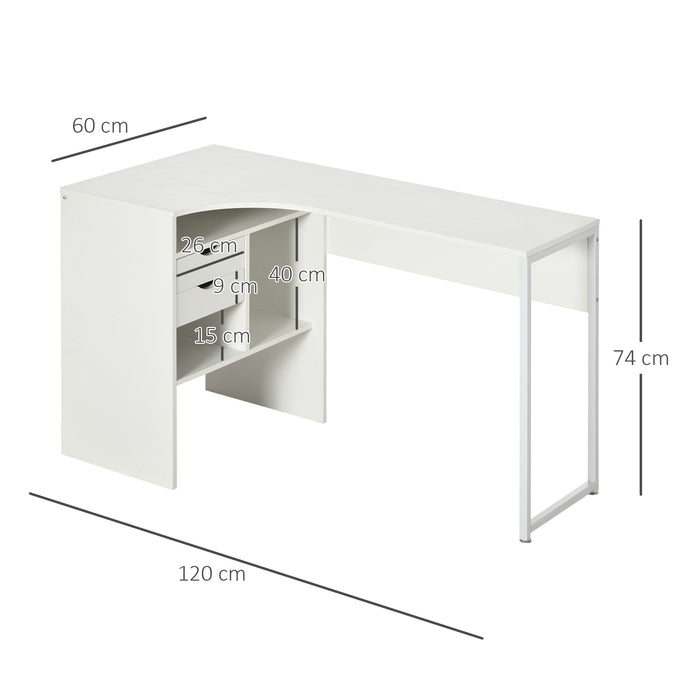 L-Shaped Corner Computer Desk with Storage - Study Table, Smooth Sliding Drawer, Workstation with Shelves - Space-Saving Design for Home Office, White