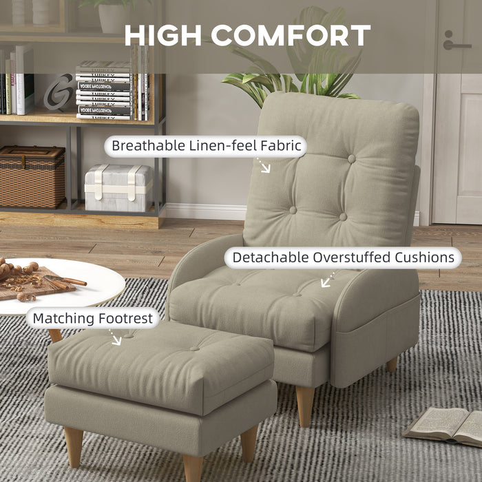 Modern Beige Upholstered Armchair and Footstool Set - Button Tufted Accent Chair with Adjustable Backrest, Cushions, Wooden Legs, and Side Pockets - Comfortable Seating Solution for Living Room or Reading Nook