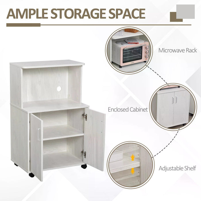 Mobile Microwave Stand with Storage - Wheeled Utility Cart and Sideboard, 2-Door Cabinet, Bookshelf Space - Ideal for Kitchen Organization and Space Optimization