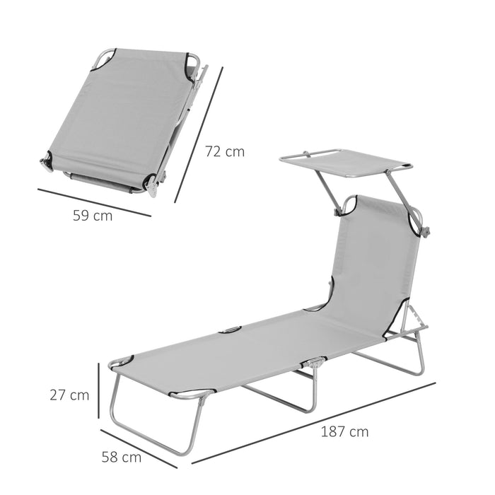 Folding Recliner Lounge Chair with Sun Shade - Adjustable Outdoor Patio Sun Lounger, Light Grey - Ideal for Beach and Garden Relaxation