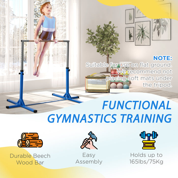 Kids' Gymnastics Training Bar - Height Adjustable, Steel Frame with Wooden Bar, Blue - Perfect Home Gym for Junior Gymnasts