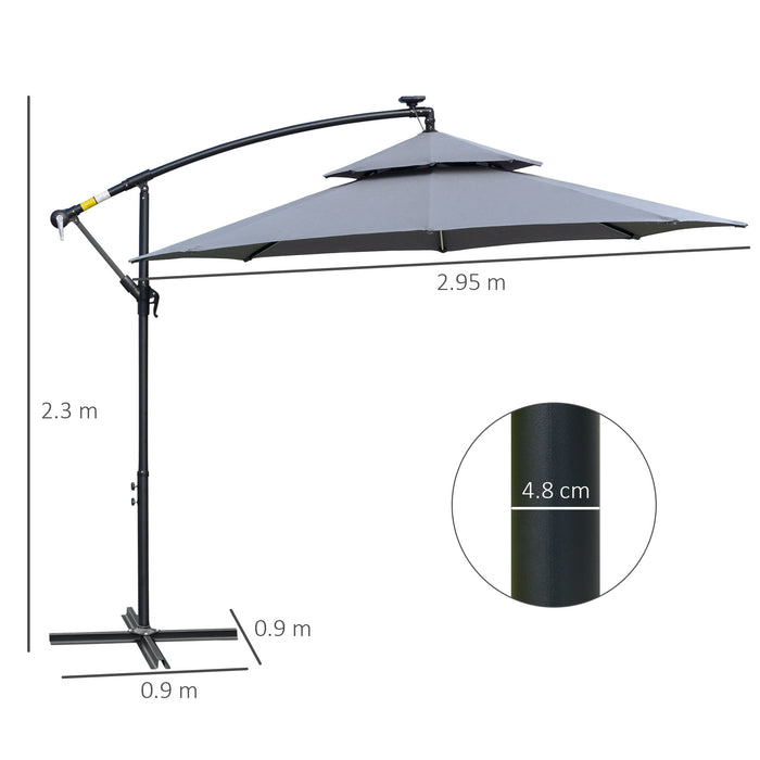 Cantilever Banana Parasol with Solar LED Lights - Outdoor Double-Roof Hanging Umbrella, Crank System, 8 Rib Support - Ideal for Garden & Patio Shade