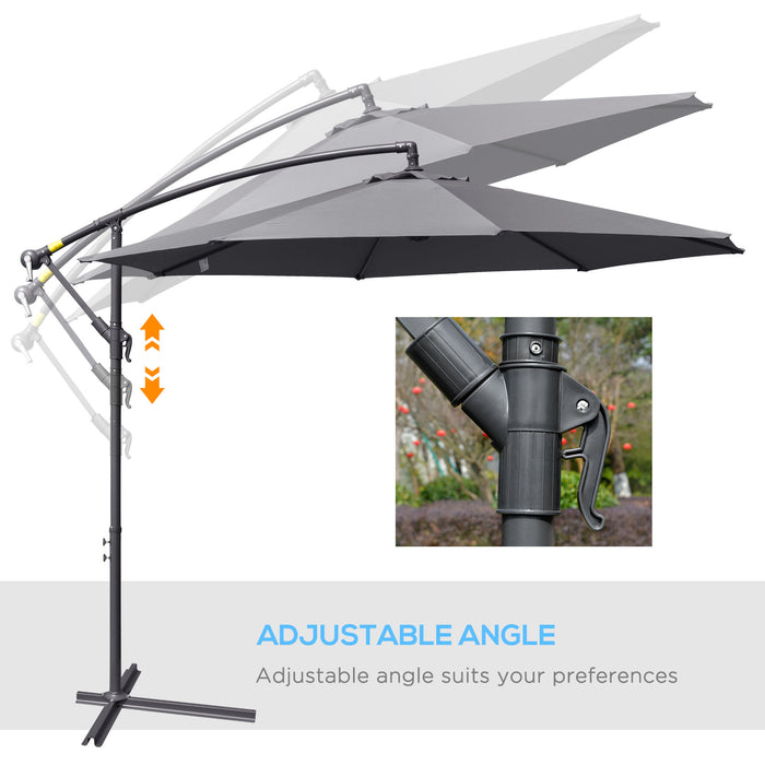 Garden Banana Parasol Cantilever Umbrella - Grey 3m Outdoor Sun Shade with Crank Handle and Cross Base, 8 Ribs - Ideal for Patio, Relaxation, and UV Protection