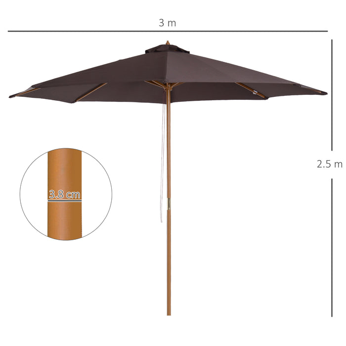 Bamboo Wooden Market Umbrella - ⌀3m Garden Parasol with 8 Ribs, Coffee Canopy for Outdoor Shade - Ideal for Patio Sun Protection