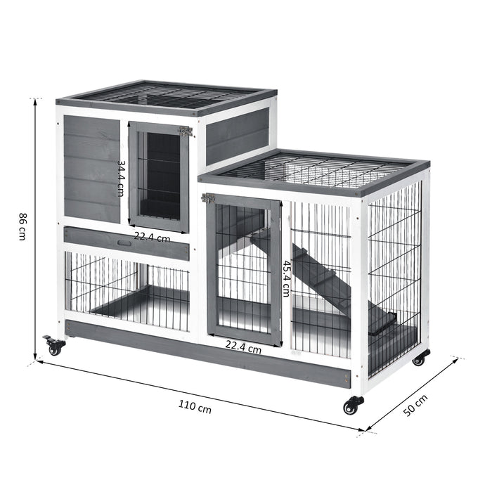 Elevated Wooden Guinea Pig Hutch with Enclosed Run - Wheeled Indoor Cage for Small Pets in Grey and White - Perfect Habitat for Rabbits and Guinea Pigs