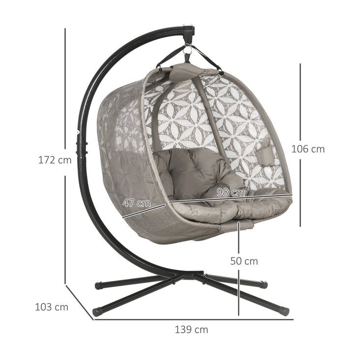 Outdoor Double Hanging Swing Chair - Sturdy Metal Stand & Comfy Thick Padding - Foldable Design with Cup Holders, Ideal for Patio & Balcony Use, Sand Brown