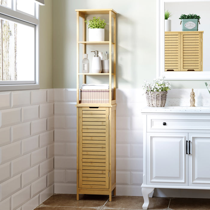 Bathroom Tallboy Storage Unit - Slim Freestanding Organizer with 3 Shelves and Cupboard - Space-Saving Solutions for Toiletries and Linens