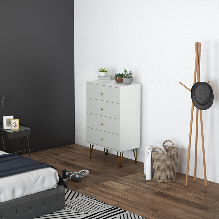 Modern White 4-Drawer Chest - Bedroom Dresser with Sleek Storage Cabinets - Stylish Hairpin Leg Design for Home Organization