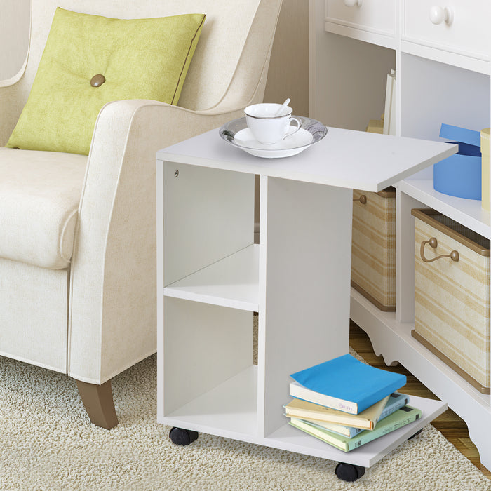 C-Shape Side Table with Storage - Freestanding End Table with 2 Shelves and 4 Wheels - Ideal for Home Office, Studio Organization in White