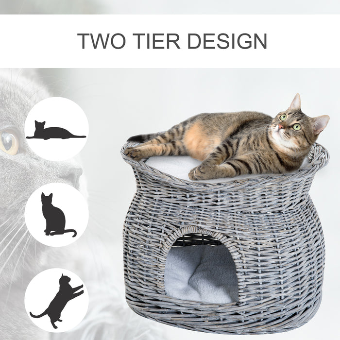 Elevated 2-Tier Cat Basket Bed with Plush Cushion - Gray Comfort Nest for Felines - Ideal for Lounging and Sleep