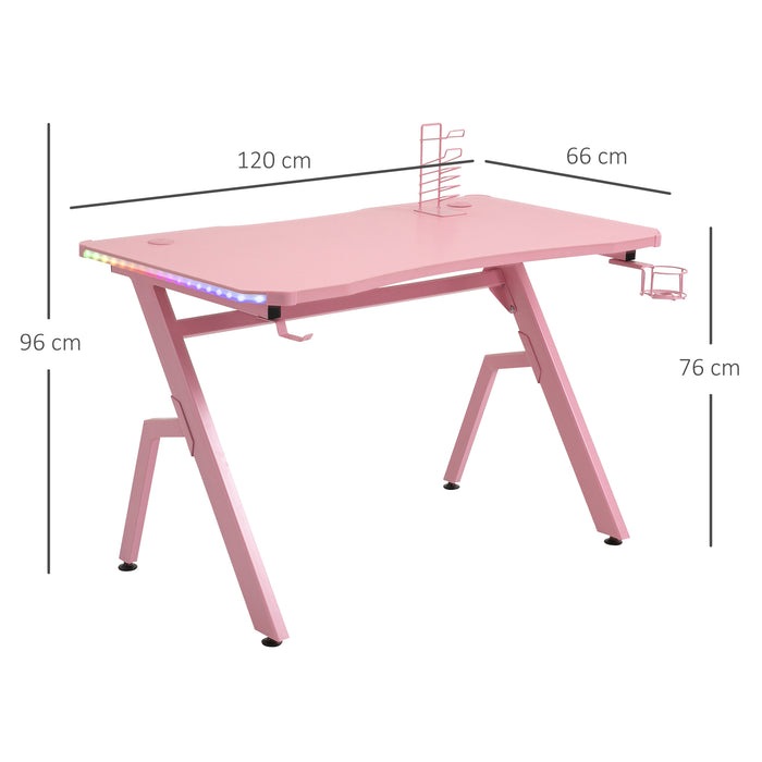 Ergonomic Racing Gaming Desk with RGB LED Lighting - Pink Home Office Computer Workstation with Controller Rack and Cable Management - Designed for Gamers and Streamlined Workspace