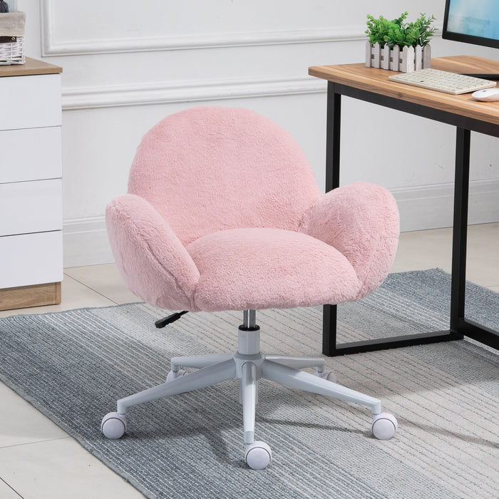 Ergonomic Fluffy Pink Chair with Armrests - Home Office Comfort Swivel Chair with Backrest - Ideal for Bedroom and Living Room Use