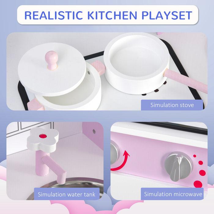 Wooden Kids Play Kitchen Set with Cooking Sounds - Complete Pretend Playset with Utensils, Pans, and Storage - Ideal for Children's Role Play and Learning, Age 3+, in Pink
