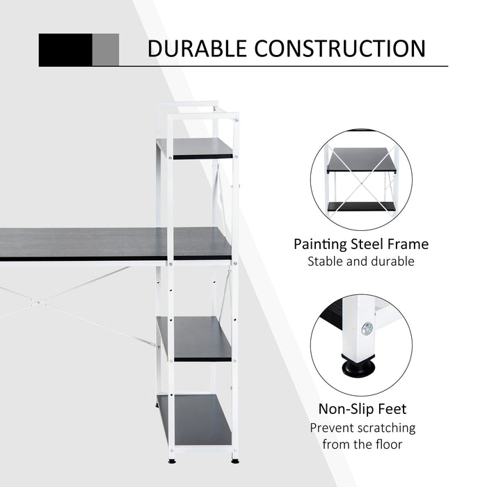 4-Tier Bookshelf Computer Desk - Sturdy Metal Frame with Wooden Top, Space-Saving PC Table for Study and Work - Ideal for Home Office Organization and Storage, Black & White Design