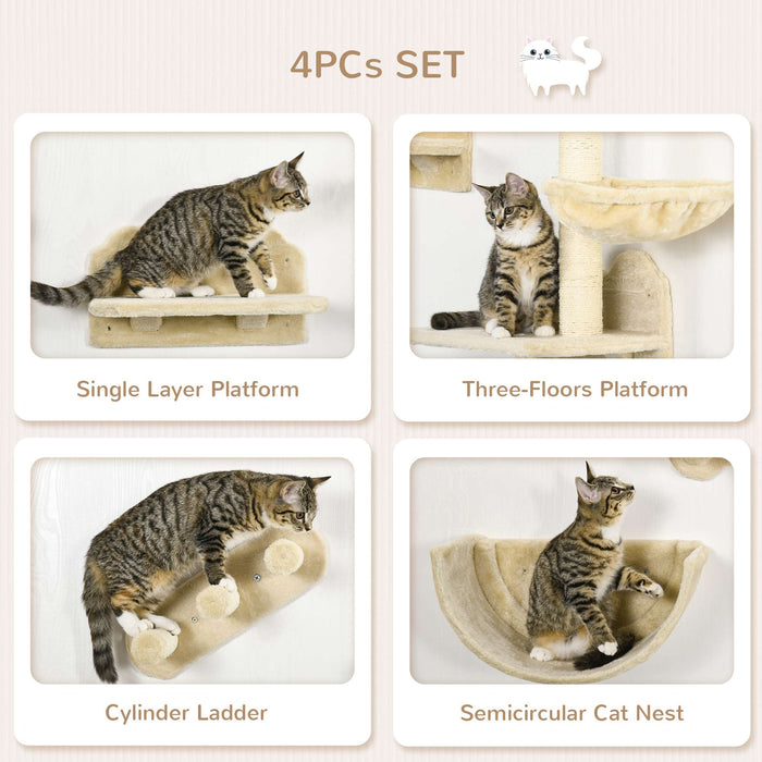 Cat Climbing Fun Station - Wall-mounted 4-Piece Shelf Set with Hammock, Scratching Post, and Jumping Platforms - Beige Kitten Activity Center for Playful Climbing and Lounging