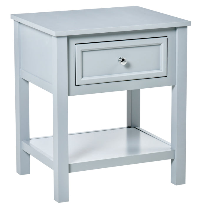 Classic Grey Nightstand with Drawer and Open Shelf - Sturdy Bedside End Table with Metal Handle - Elegant Bedroom Storage Solution