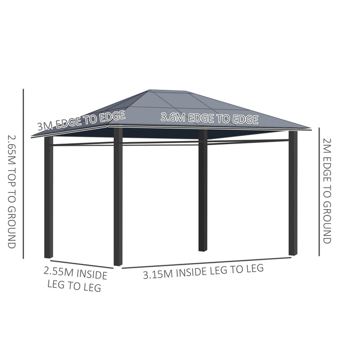 Hardtop Gazebo 3.6x3m - UV-Resistant Polycarbonate Roof, Steel & Aluminum Frame with Garden Pavilion Curtains in Grey - Ideal for Outdoor Relaxation and Entertaining