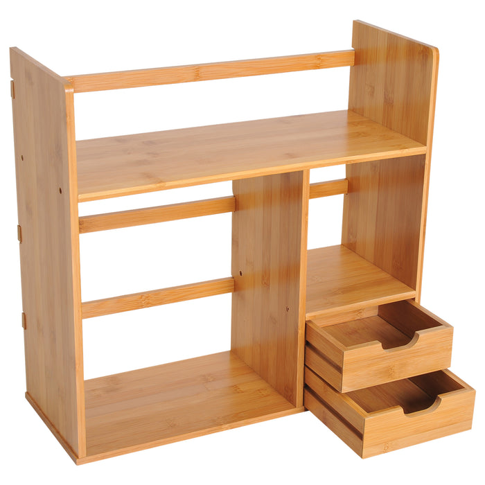 Bamboo Desk Organizer with Compartments - Multi-Tier Desktop Bookshelf and Stationery Storage, Document File Holder with 2 Drawers - Versatile 2-Way Reversible Design for Office Organization