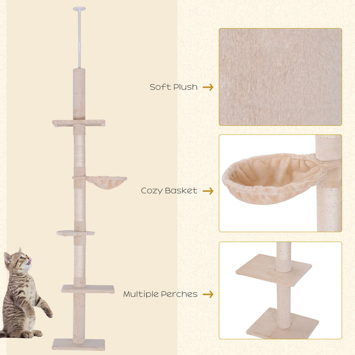 Adjustable 5-Tier Cat Climbing Tree - Floor-to-Ceiling Kitty Tower with Scratching Posts - Ideal for Feline Play & Exercise from 230-260cm Spaces